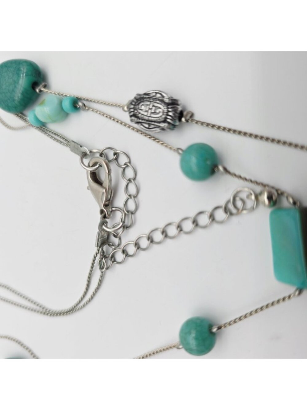 Multi-Strand Silver Necklace With Turquoise Beads & Shell Accents Lobster Clasp - Picture 6 of 7